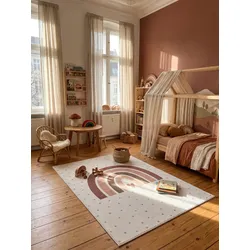 Kinderteppich Regenbogen mit Herz Creme 80x150 cm Waschbar