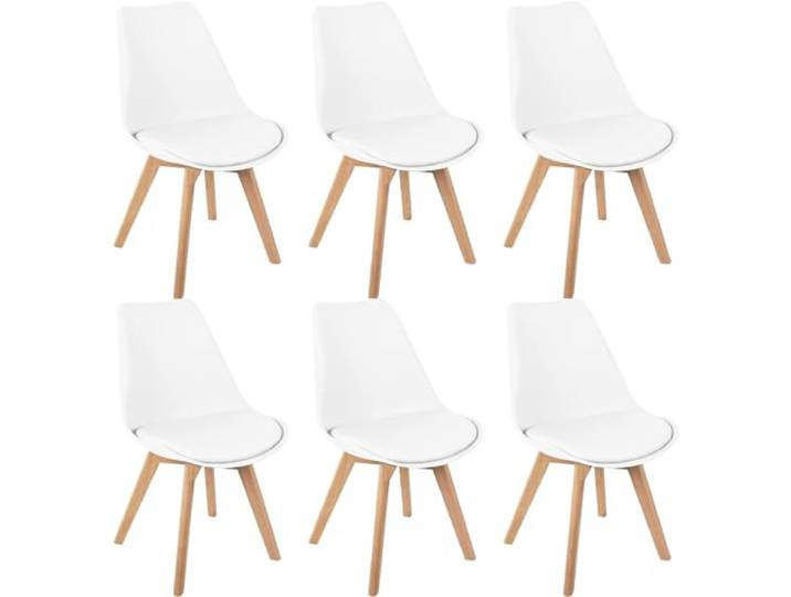 HJhomeheart Esszimmerstühle 6er Set, Skandinavische Küchenstühle Design, Sitzfläche aus Kunstleder, mit Massivholz Beinen, Gepolsterte armlose Stühle (Weiß)