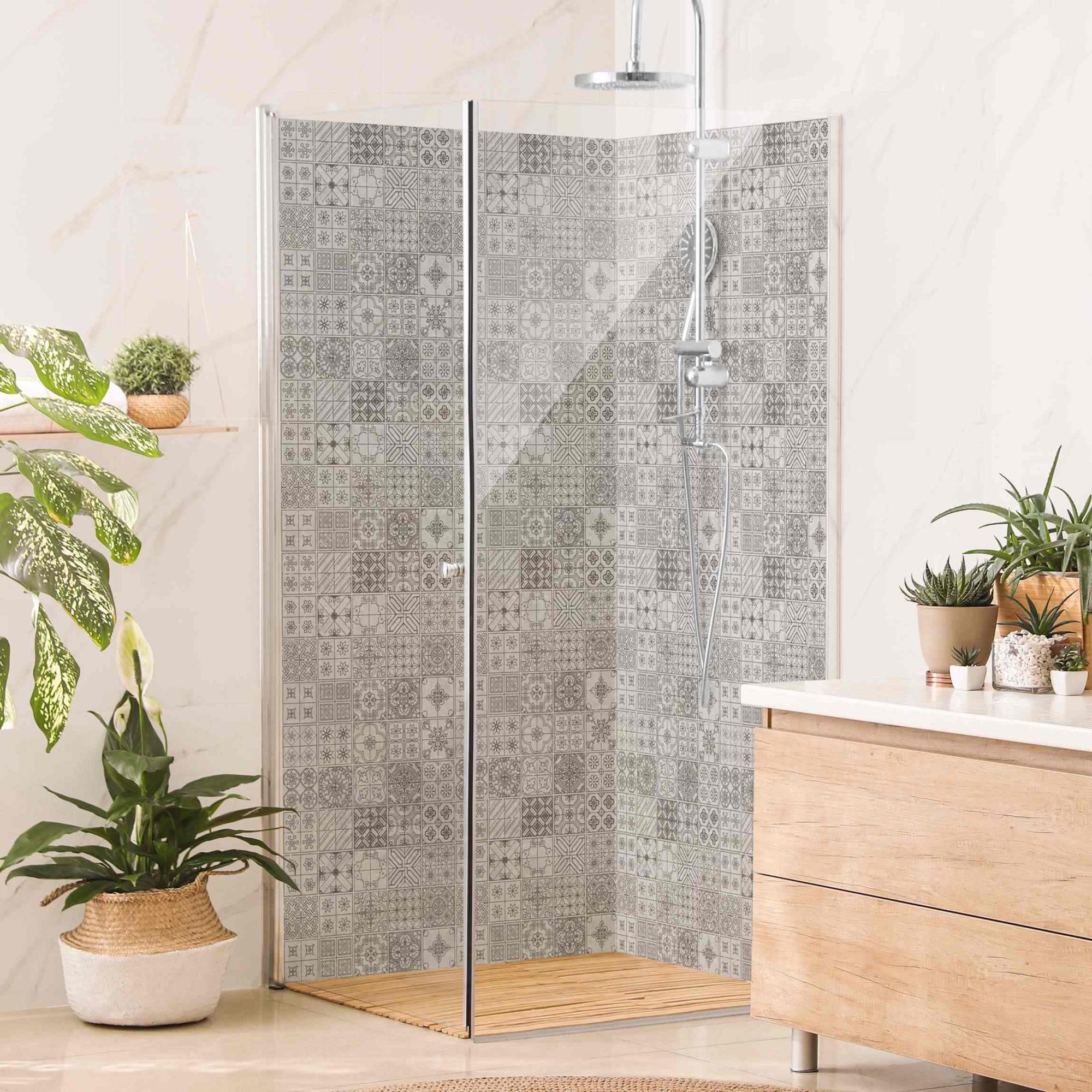 Duschrückwand mit Motiv selbstklebend - 0.61 mm Wandpaneel wasserfest Design grau Fliesenoptik Illustration Badrückwand fugenlos Premium matt 90x200 cm