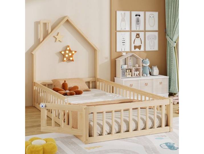 Lit au sol enfant 90x200 Lit Montessori Lit enfant en forme de cheminée Lit cabane enfant avec sommier Lit simple Bois Pin