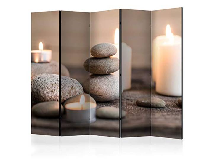 decomonkey Paravent Raumteiler Innen Zen Spa, 225x172 cm, 5-teilig, Orient Beidseitig, Stein, Wohnzimmer, Room Divider, Wall, Raumteiler Stehend, Trennwand, Sichtschutz, Spanische Wand, Holz