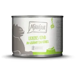 MJAMJAM Leckere Mahlzeit 200g Dose Katzennassfutter Sparpaket 12 x 200 Gramm leckeres Rind an gedämpftem Kürbis