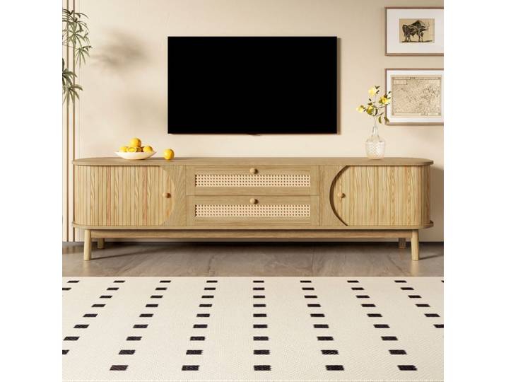 Meuble TV - HIBA - Meuble TV en bois massif - Tiroirs rotin tressé - Portes lamellées effet bambou - 170x39 5x46 cm