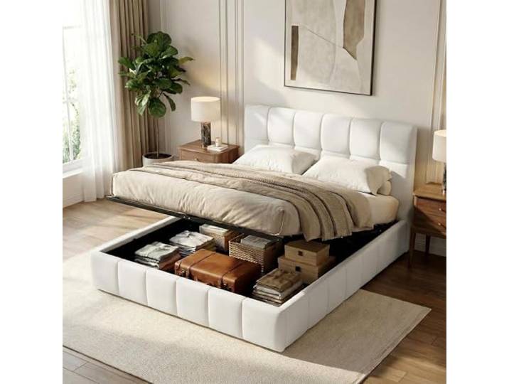CLP Polsterbett mit Stauraum Ladia, Bettgestell für Matratzen, Lattenrost mit Lift-Mechanismus, Doppelbett mit Stoffbezug, bis 300 kg, Farbe:Creme, Größe:160 cm