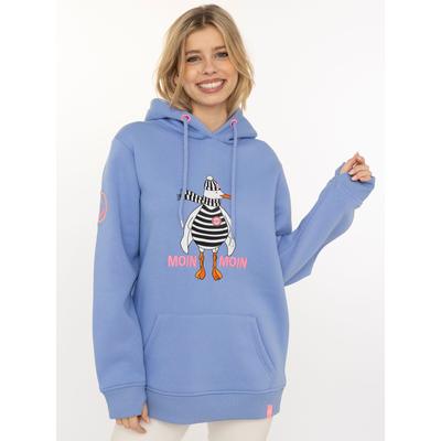 Hoodie ZWILLINGSHERZ "Moin Moin Möwe", Damen, Gr. S/M, mittelblau, Sweatware, Obermaterial: 50% Baumwolle, 50% Polyester, comfort fit hüftlang, ohne Ausschnitt, angesetztes Bündchen, Sweatshirts Hoodie, mit nordischem Gruß, lustiger Möwe, Fronttasche