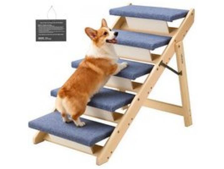 VEVOR Hundetreppe 780x470x660 mm, 5-stufige Hautiertreppe, klappbare Holztreppe geeignet für kleine, mittlere, große, ältere Haustiere sowie Welpen bis 68 kg, Hundeleiter für Betten, Sofas & Autos