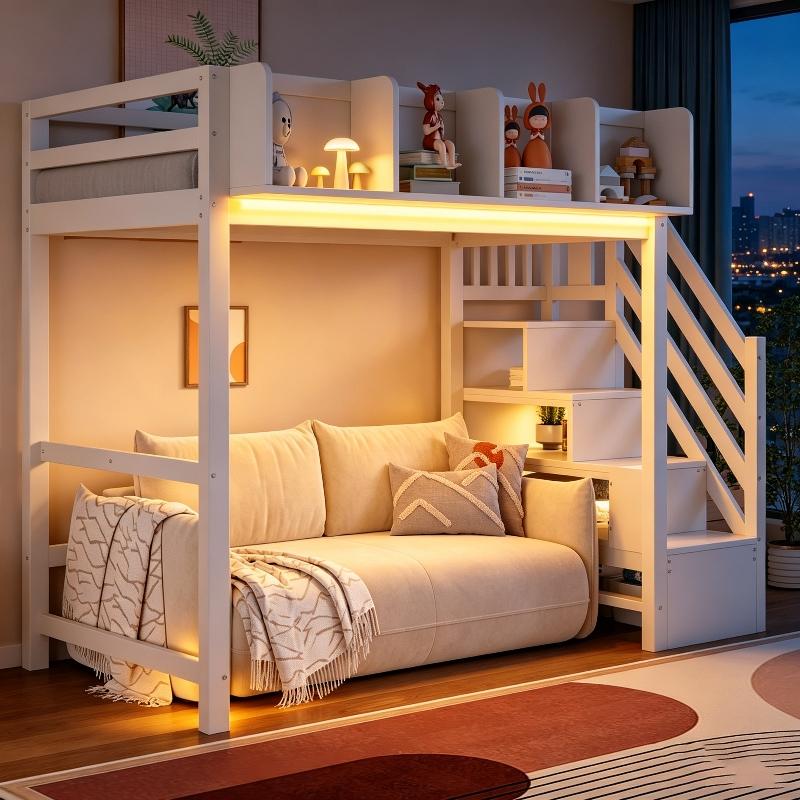 Hochbett 90x200cm aus Holz mit Sicherheitsgitter, LED-Beleuchtung, Regalfächern und seitlicher Leiter, weiß/grau für Kinderzimmer