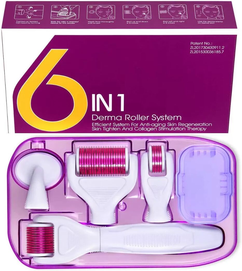 INF 6-in-1 Microneedle Derma Roller Kit - Multi-Head Facial, Eye, Scalp & Body Massager Violett