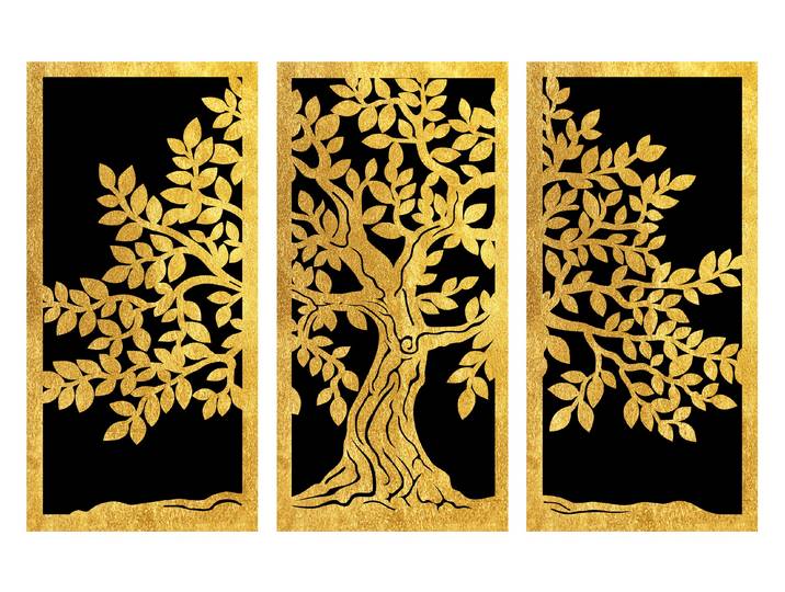Wandbild GOODPRODUCT Goldbild Lebensbaum 3er Set, 100x70cm inkl. rückseitiger Aufhängung , gold (farbe bild(er): schwarz), B:100cm H:70cm T:0,4cm, Acrylglas, Bilder, Wandbild, Lebensbaum-Wandbilder mit handveredelten Blattgold-Applikationen