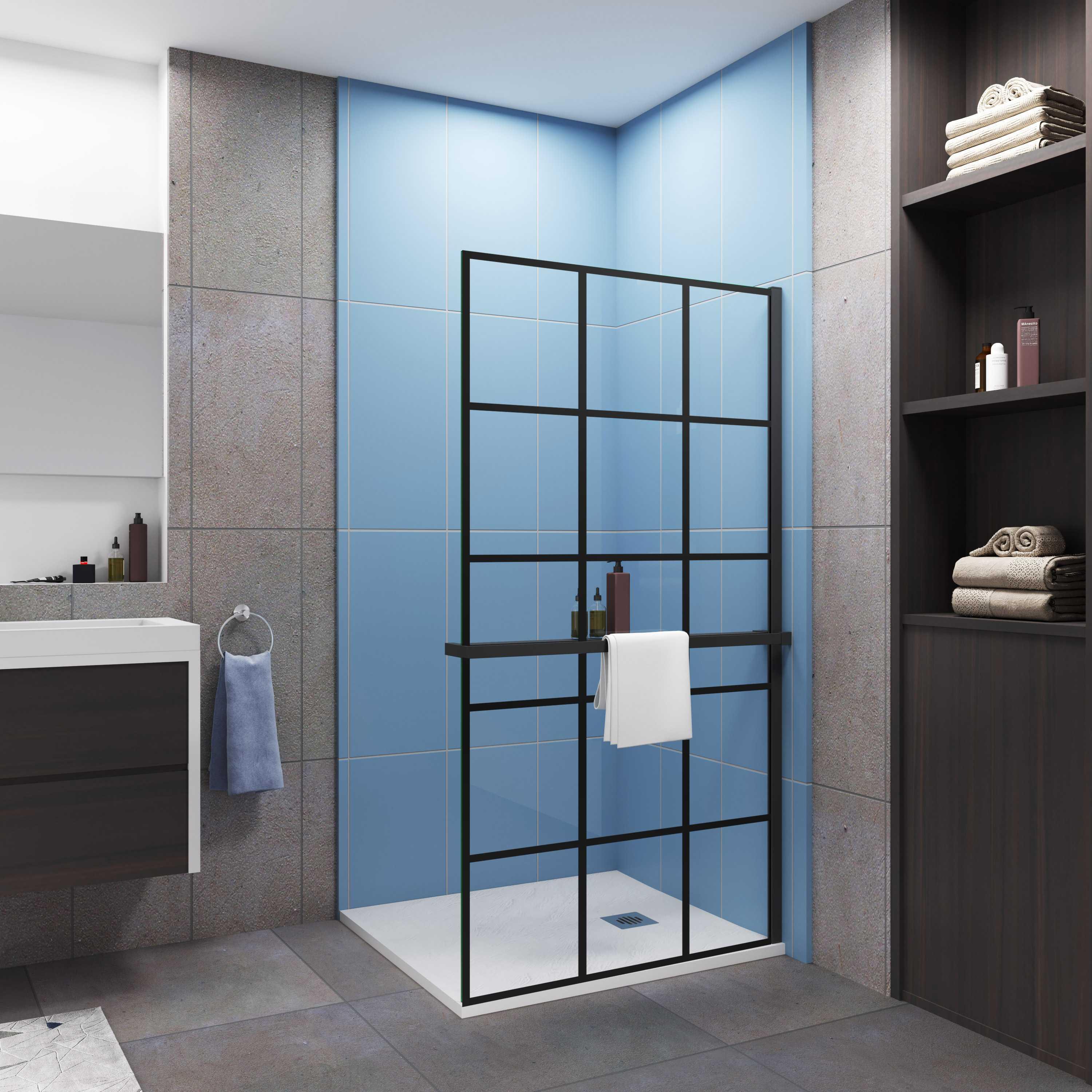 AICA 140x200cm 8mm NANO Glas Walk In Schwarz Duschwand mit Glasdekor Gitter mit Duschregal