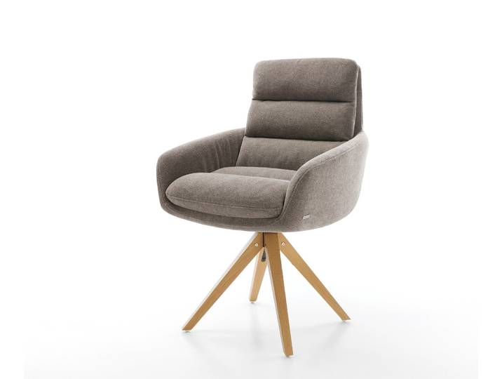 Drehstuhl Abelia-Flex mit Armlehnen Strukturstoff Soft Taupe Holzgestell kantig Natur 360° drehbar, Esszimmerstühle