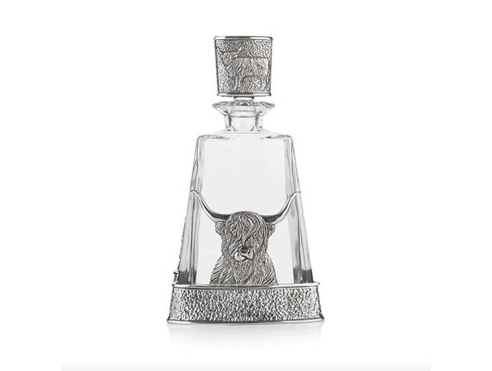 Atemberaubender Whisky-Dekanter aus Zinn, Hochlandkuh und Distel, Pyramiden-Kristall, Whisky-Dekanter