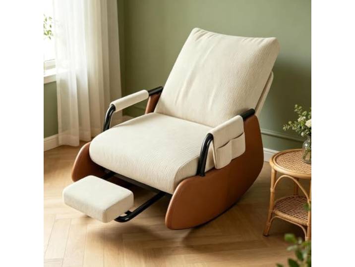kumamart Ergonomischer Ruhesessel mit Ausziehbarer Fußstütze Ergonomischer Schaukelstuhl mit ausziehbarer Fußstütze und Seitentasche für tägliche Entspannung.