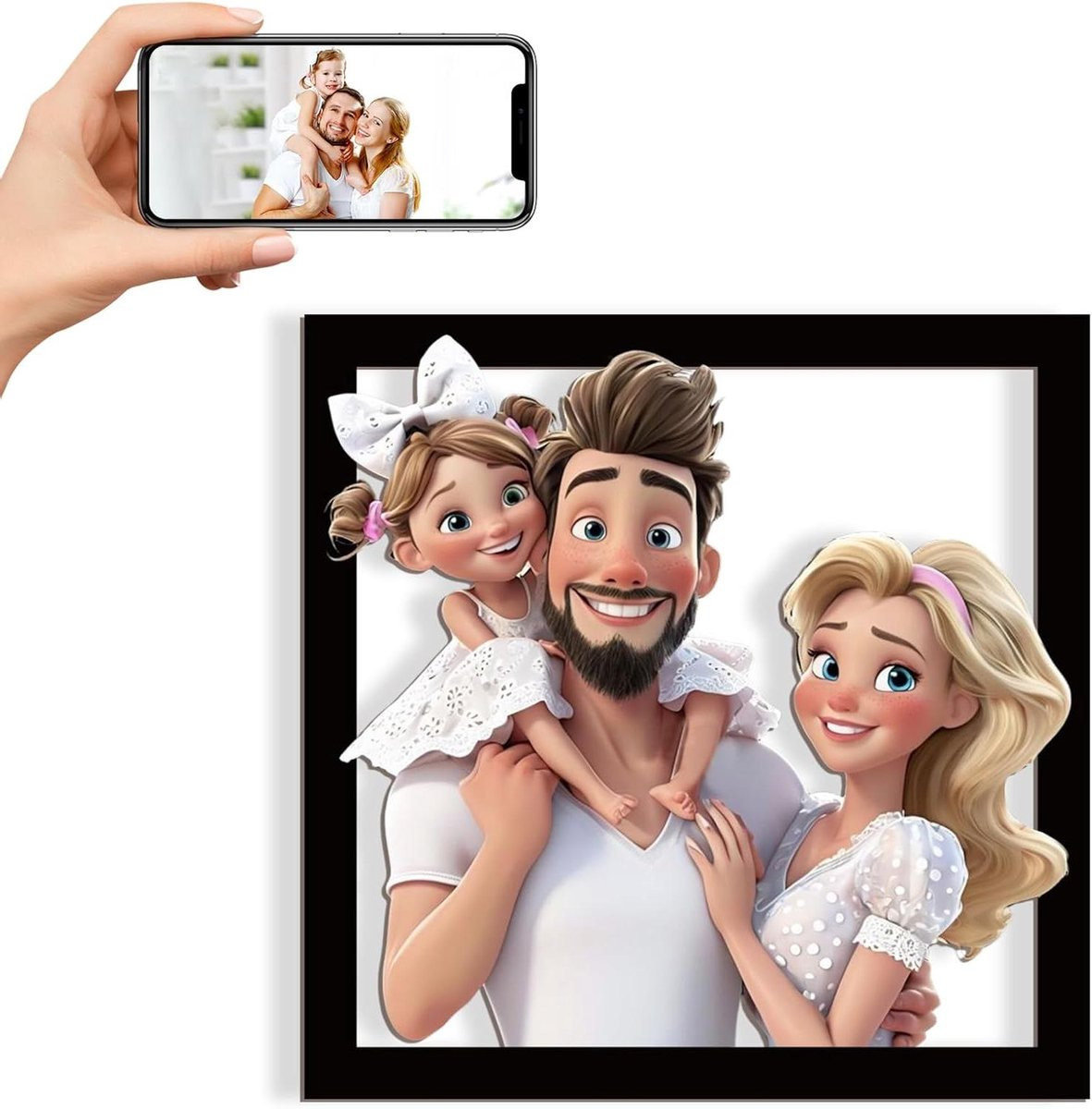 Gepersonaliseerde 3D Cartoon Fotolijst van Hout - Vierkant - Woondecoratie
