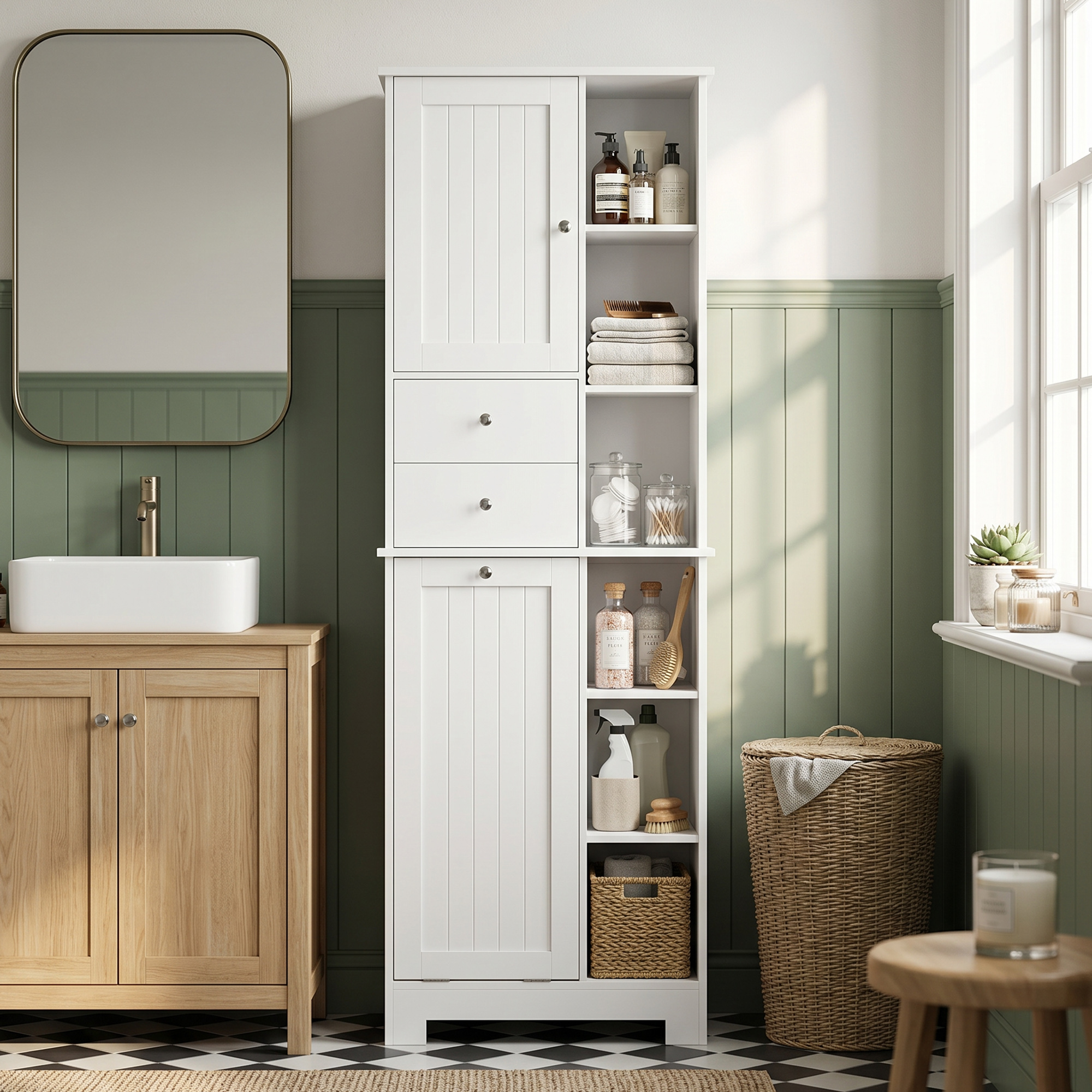 Homcom Armadio da bagno alto 171 cm con cestello estraibile e 2 cassetti, Bianco   Aosom Italy