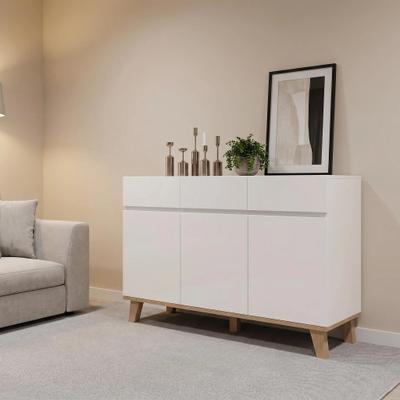 Loedds Modern 3-Drawer Combo Dresser with 3 Doors, Handle-Free Fronts and Wood Legs - White/Natural