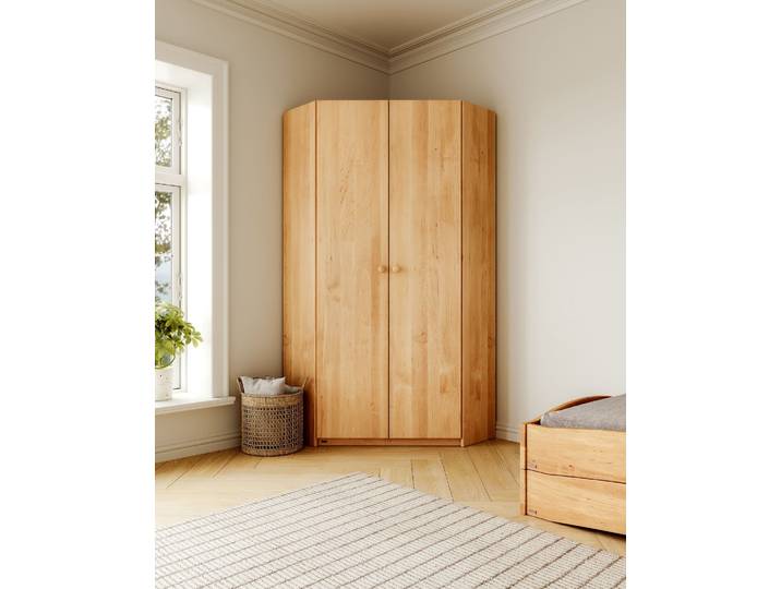 Naturwohnen Eckkleiderschrank Erlenholz geölt H200xB135 Lara mit bioola® nature inkl. 1 Kleiderstange, 5 Einlegeböden 100% Bio & 100% Vegan