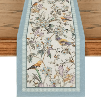 Inspire Picks Blue Birds Blossom Linen Table Runner Elegant Floral Wedding & Home Table Decor blue 180x33cm 70.8x13inch