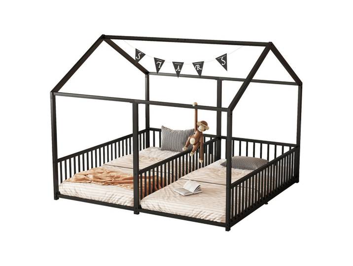 Modfu Metallbett Kinderbett aus Metall 90x200 cm Schwarz mit Sicherheitsgeländer, Leiter und Hausform, Rechteckig, 90x200 cm, Schlafzimmer, Betten, Metallbetten