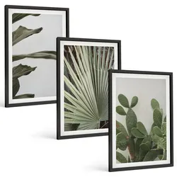 BILDER SET 3er Set - 40x60 cm Schwarzer Rahmen - Blätter tropischer Pflanzen in Pastellfarben