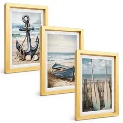 BILDER SET 3er Set - 20x30 cm Goldrahmen - Anker, Boot, Ruder, Strand