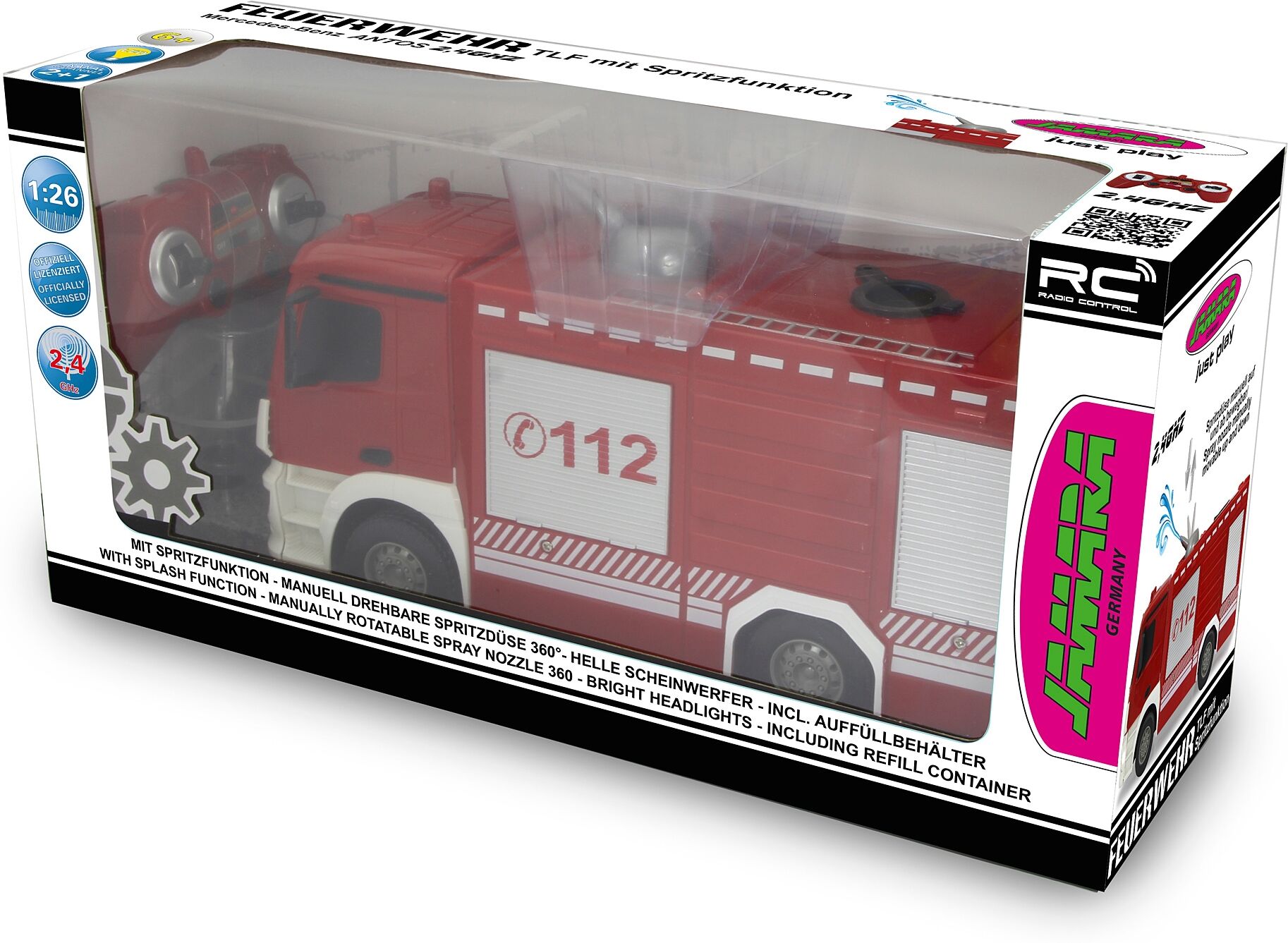 RC-LKW JAMARA "Feuerwehr TLF Mercedes-Benz Antos 1:26 - 2,4 GHz", rot, Fernlenkfahrzeuge, KinderB:10cm H:12cm T:29cm, RC-LKW, mit Spritzfunktion, B:10cm H:12cm T:29cm