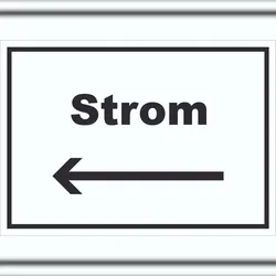 HB-Druck Strom Schild mit Text und Richtungspfeil links Anschluss waagerecht A2 (420x594mm)