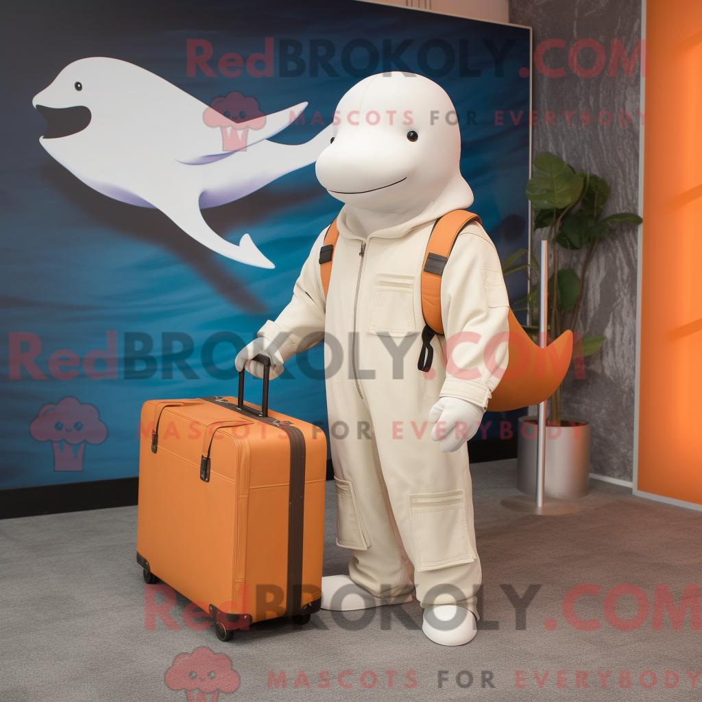 Maskottchen REDBROKOLY eines hellbraunen Beluga-Wals mit Overall und Aktentasche