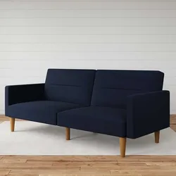 Ausklappbares Sofa Retrostil in Dunkelblau Fußgestell aus Holz