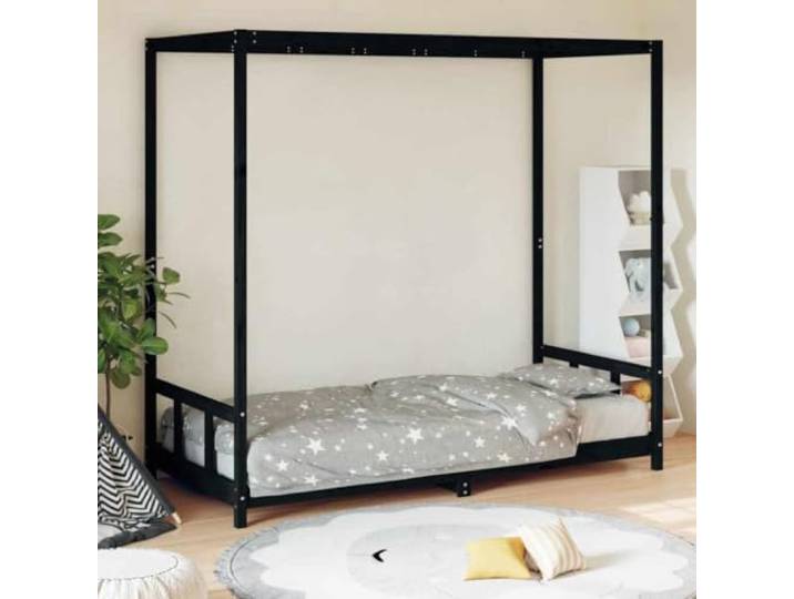 LPERTGFHU Kinderbett Massivholz Kiefer Einzelbett 90x190 cm Schwarz Baldachin Design, Robuste Latten, Rustikaler Look