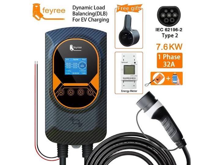 Feyree Câble de recharge type 2, 32 A, 7,6 kW, équilibrage dynamique de charge, station de recharge EVSE murale, contrôlable par application, station de recharge pour véhicule électrique