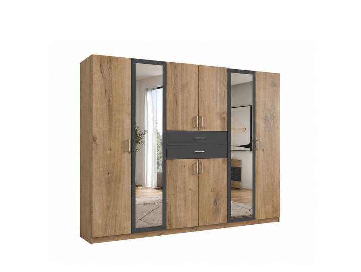 Drehtürenschrank Kleiderschrank 270 cm Schubkästen Spiegel Eiche Dekor und Grafit / 22596