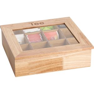 APS Teebox 11775, für Teebeutel, natur, aus Holz, mit Sichtfenster und Klappdeckel, 31 x 28 x 9 cm, 12 Fächer