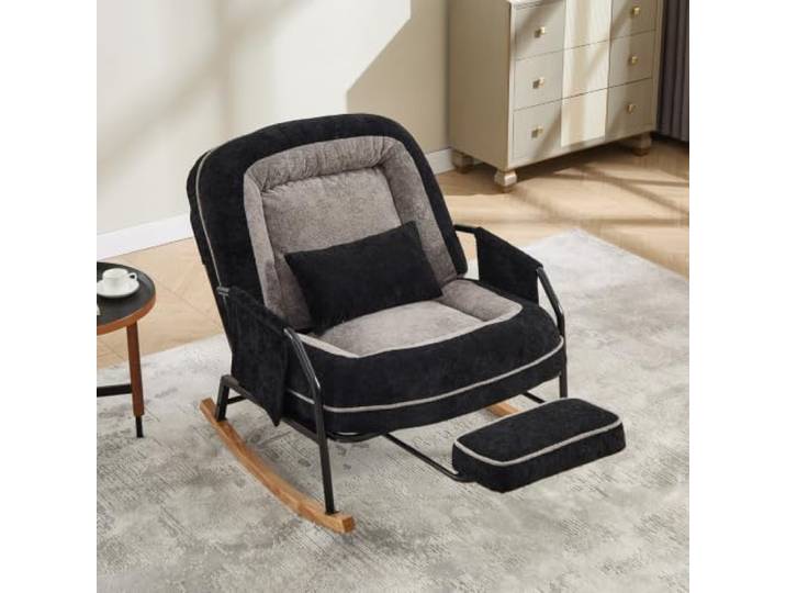 XINGNING Schaukelstuhl Mit Fußstütze, Gepolstertem Kissen, Verstellbarer Rückenlehne, Seitentasche Für Wohnzimmer, Balkon Und Terrasse (Black+Grey + Faux fur + Foam)