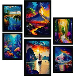POSTER Set Mit 6 Wasser & Feuer Im Ölgemälde Stil A3 & A4 Rahmenlos