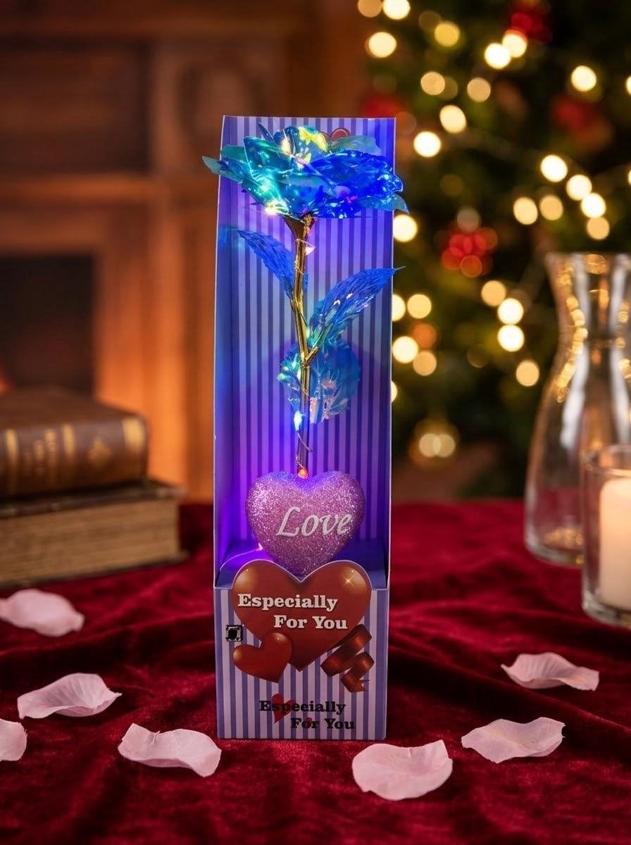 Kunstroos met LED-verlichting en Love-hart in regenboog/galaxy kleuren, romantisch cadeau in geschenkverpakking