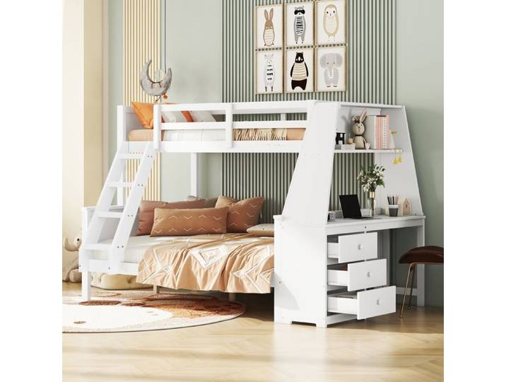 Lit superposé - DREAMMESPACE - 90x200cm + 140x200cm - Blanc - Bureau intégré - Rangement avec tiroirs