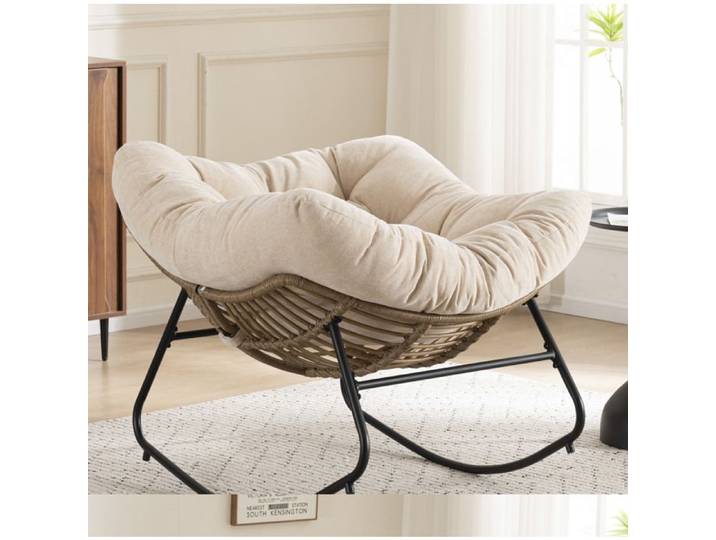 HOMVRA Chaise berçante en chenille beige fauteuil relax en métal style cocon