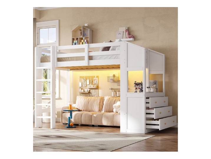 Ulife Hochbett 90x200 großes mit Schreibtisch, LED-Beleuchtung, Stauraum, weiß (3-St)