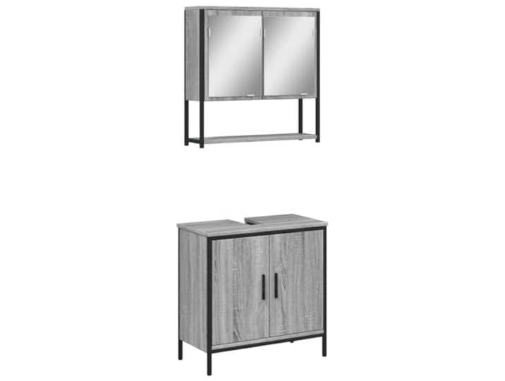 POUFGDR 2-teiliges Badezimmermöbel-Set Sonoma, grau, Wandschrank Feuchtigkeitsbeständiges Holzwerkstoff, Glasspiegel, Unterwaschbecken-Aufbewahrung, Wandbefestigung inklusive