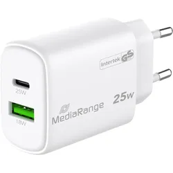 MediaRange Dual Schnellladeadapter, GaN, 1x USB-C und USB-A, PD & QC, 25 Watt, 3er-Set (25 W, 2 Ports), USB Ladegerät, Weiss