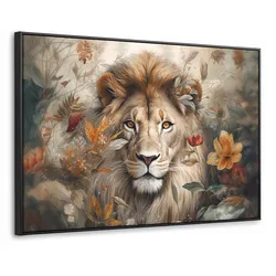 LEINWAND Bilder mit Rahmen - Löwe - Wildtiere - Pflanzen - Natur - Blumen - 90x60