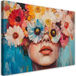 LEINWANDBILD Frau mit bunten Blumen auf dem Kopf 120x80cm