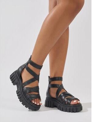 LightInthebox Women's Chunky Black Platform Sandals - Strappy Gladiator Style Flatforms for Music Festivals, Rave Parties Edgy Summer Streetwear
