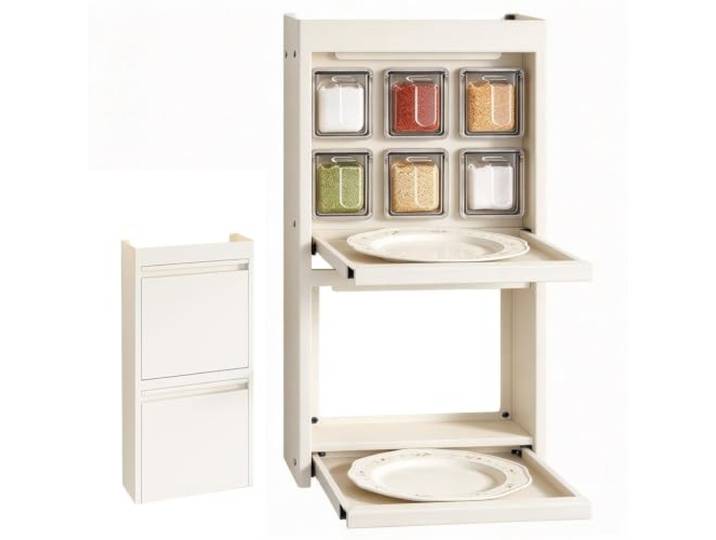 Küchen Hängeschrank, Klapptür, 6 Gewürzbehälter, Wandschrank Hängend Küchenhängeschränke, Kohlenstoffstahl, Griffmulde, Montage ohne Bohren, Geeignet für Feuchte Küchenumgebungen(White)