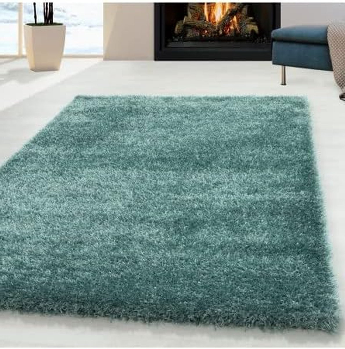 Rond Hoogpolig Vloerkleed Shaggy - Aqua Blauw - Polyester