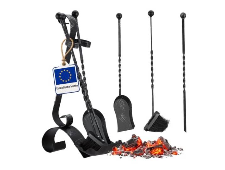 Relaxdays Ensemble serviteur de cheminée 4 pièces Accessoire Acier Balai tisonnier Pelle\, Noir
