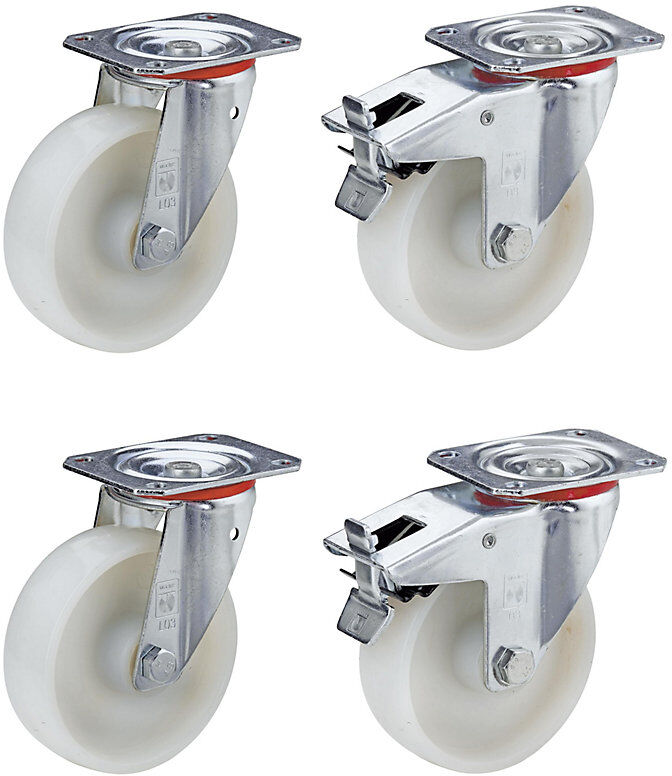Polyamid-Rad, im Set, 2 Lenkrollen, 2 Lenkrollen mit Doppelstopp, Gleitlager, Rad-Ø x Breite 80 x 35 mm Wicke