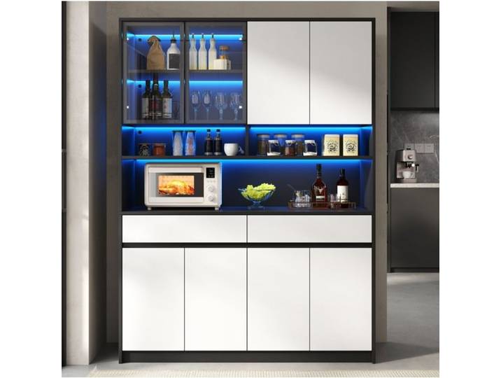 VUENOR Buffet haut de rangement LED noir et blanc 120 x 38 x 160 cm avec vitrine en verre