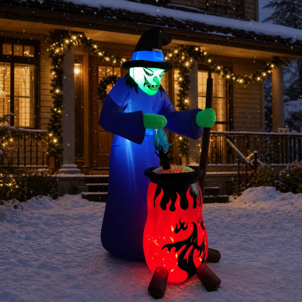 Opblaasbare Halloween-heks in ketel met bezem met witte LED-verlichting - 240 cm hoog - Decoratie voor tuin en buiten